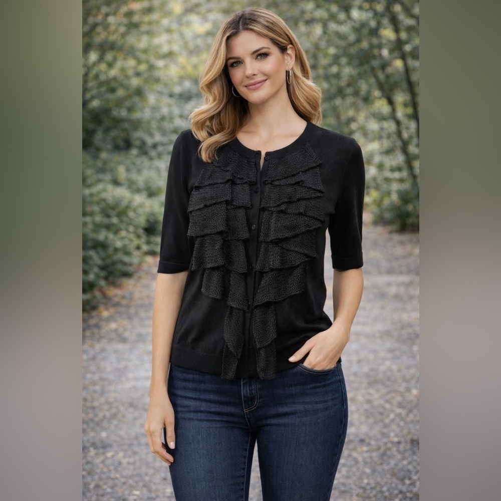 Banana Republic Womens Cardigan Sweater Tiered Black Short Sleeve M Medium Pleat